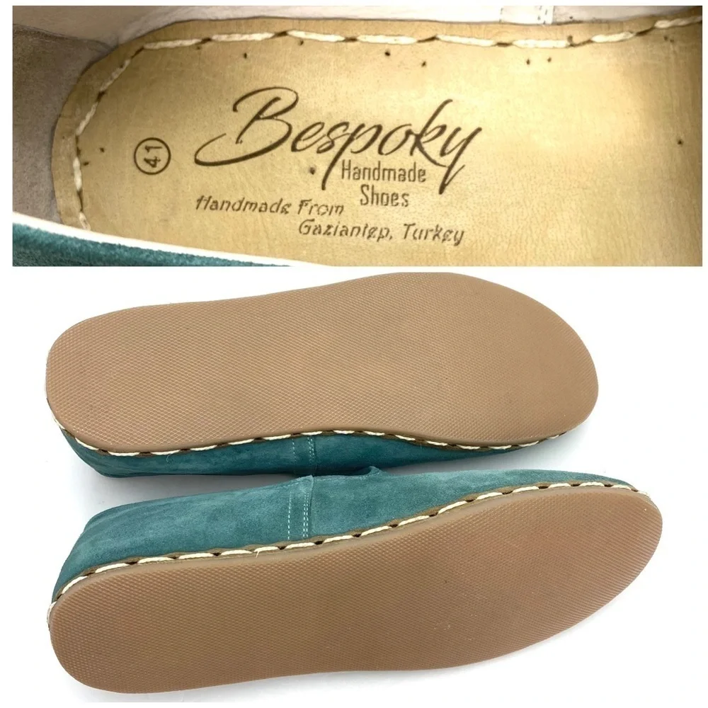 THE Bespoky Suede Handmade Flat Slip On Loafer In Aqua green Size 41